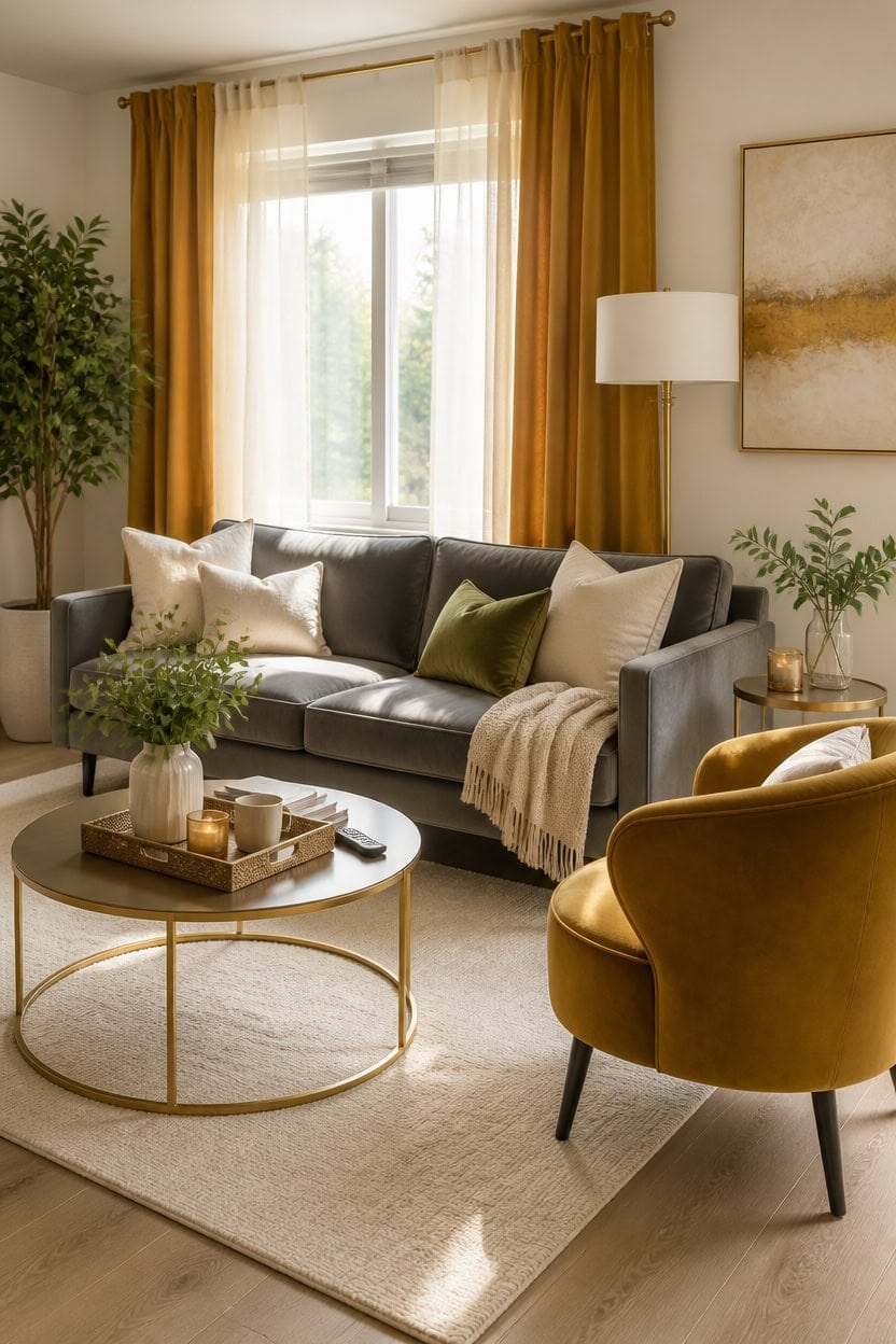 gold curtains framing sofa