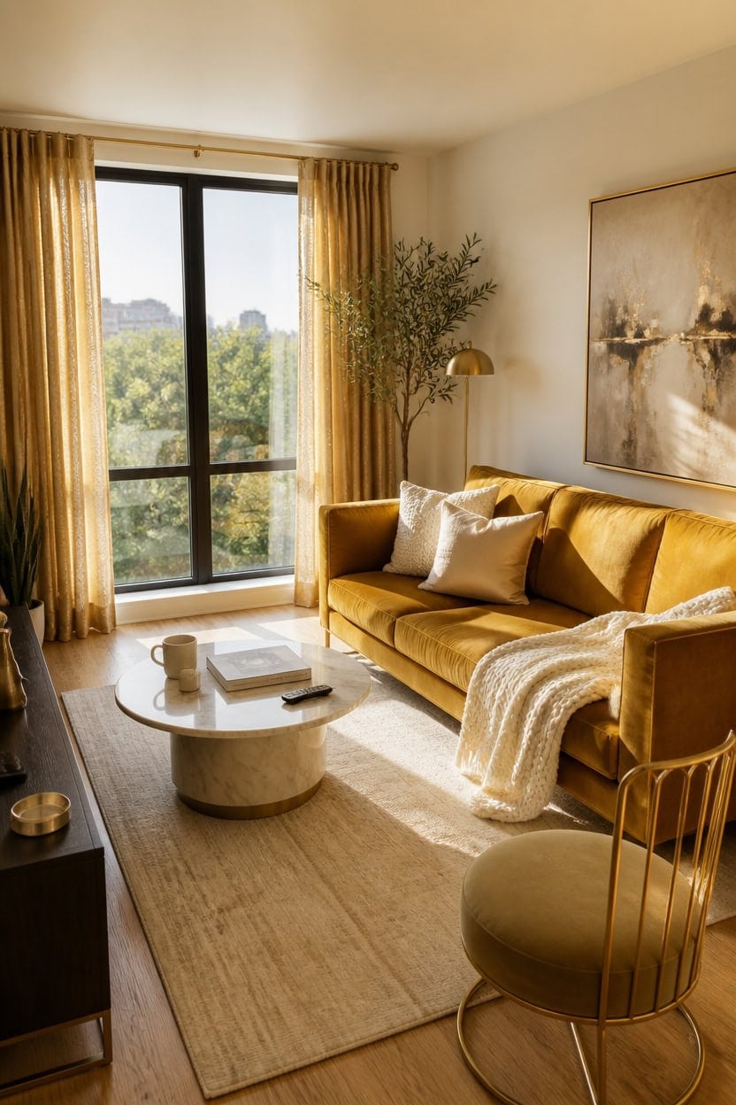 gold drapes neutral walls