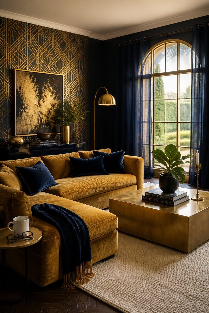 gold navy luxe interior