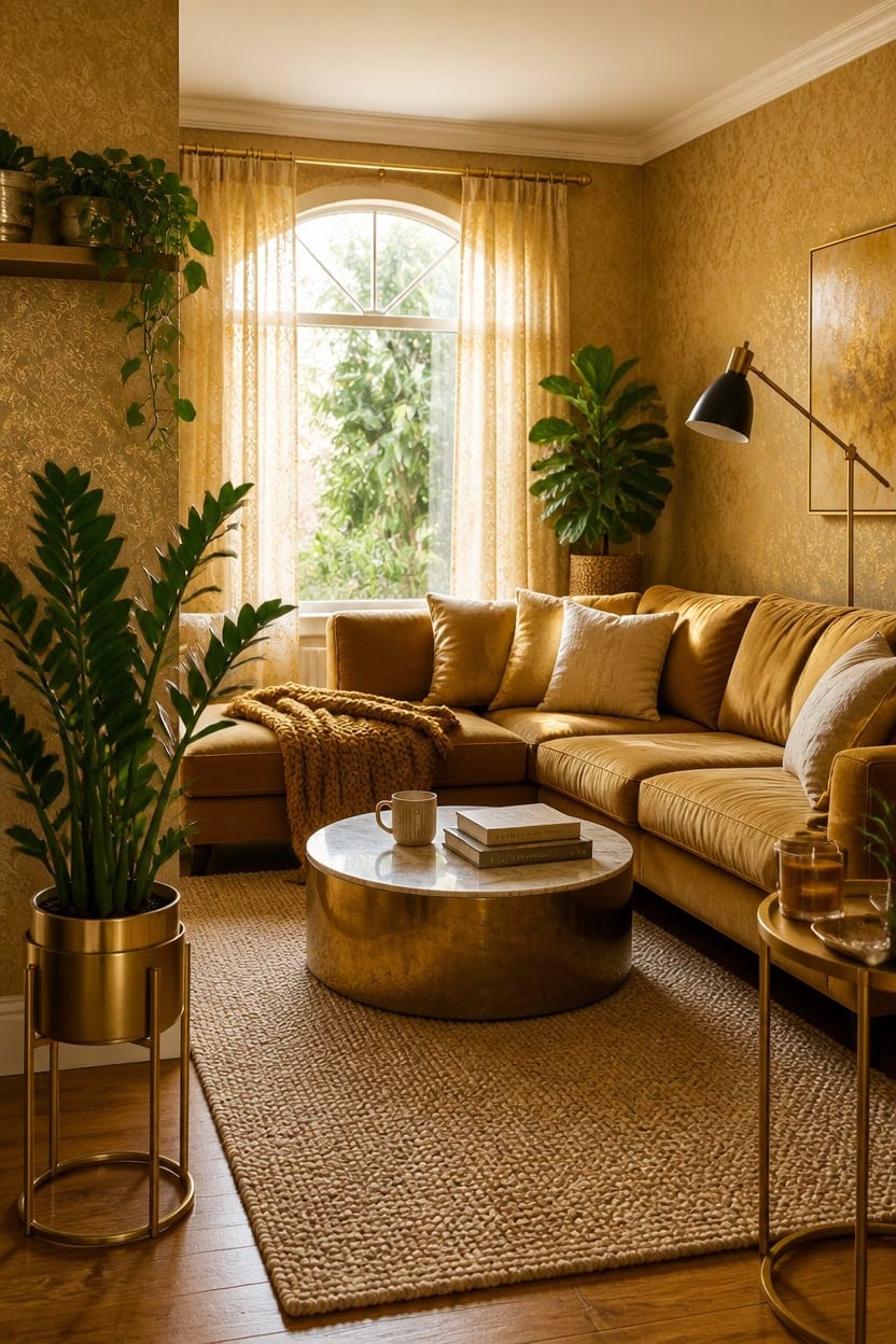 gold wallpaper green plants