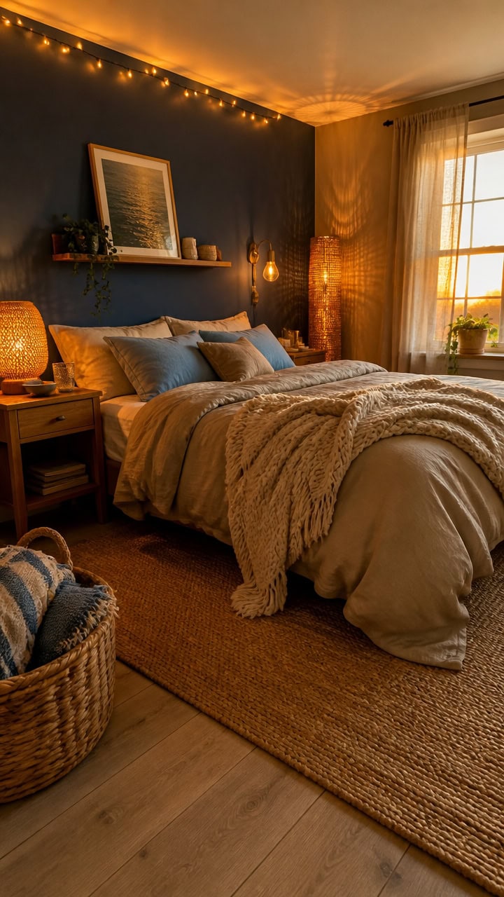 Cozy bedroom featuring warm lighting, plush bedding, and stylish decor, creating a relaxing and inviting atmosphere in an apa.