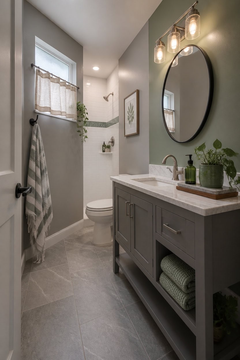 gray and green bathroom balance