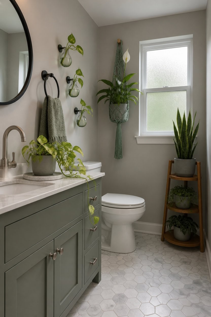 gray and green bathroom plant picks