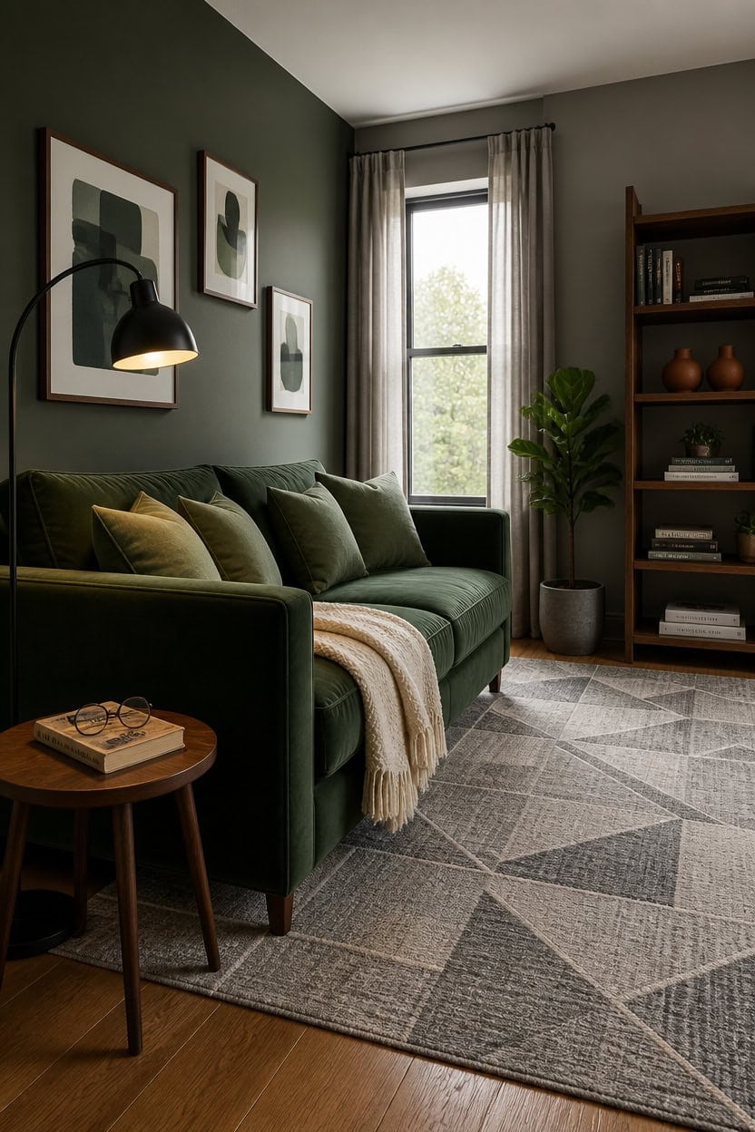 Bright green living room with a plush sofa, framed art, and natural light for a welcoming, stylish space.