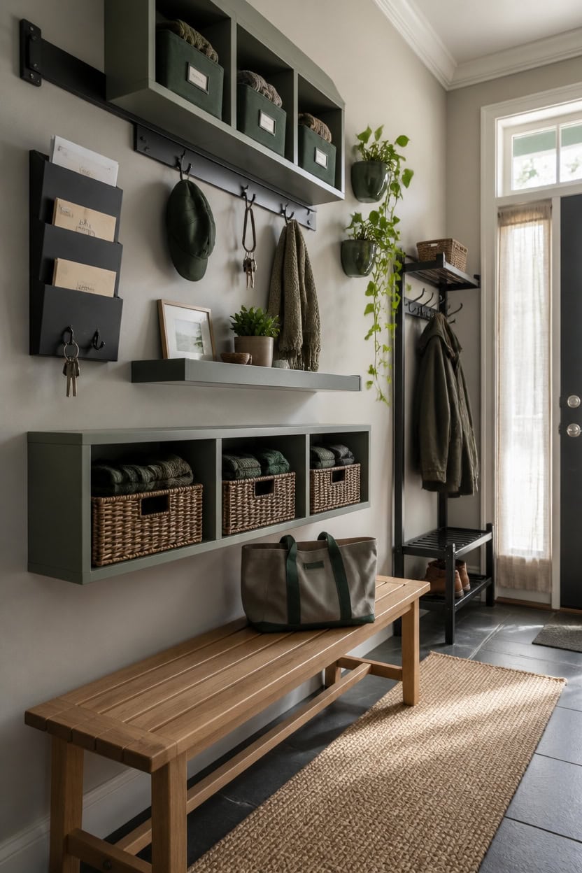 gray and green modular mudroom