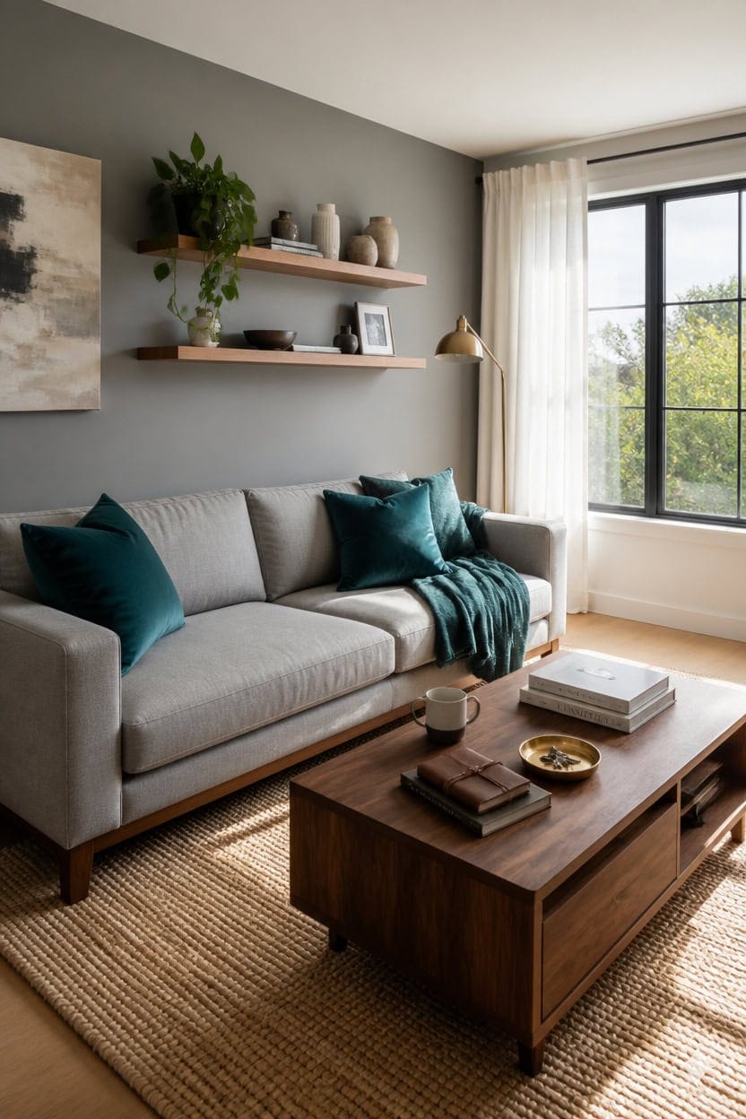 gray couch with floating shelves