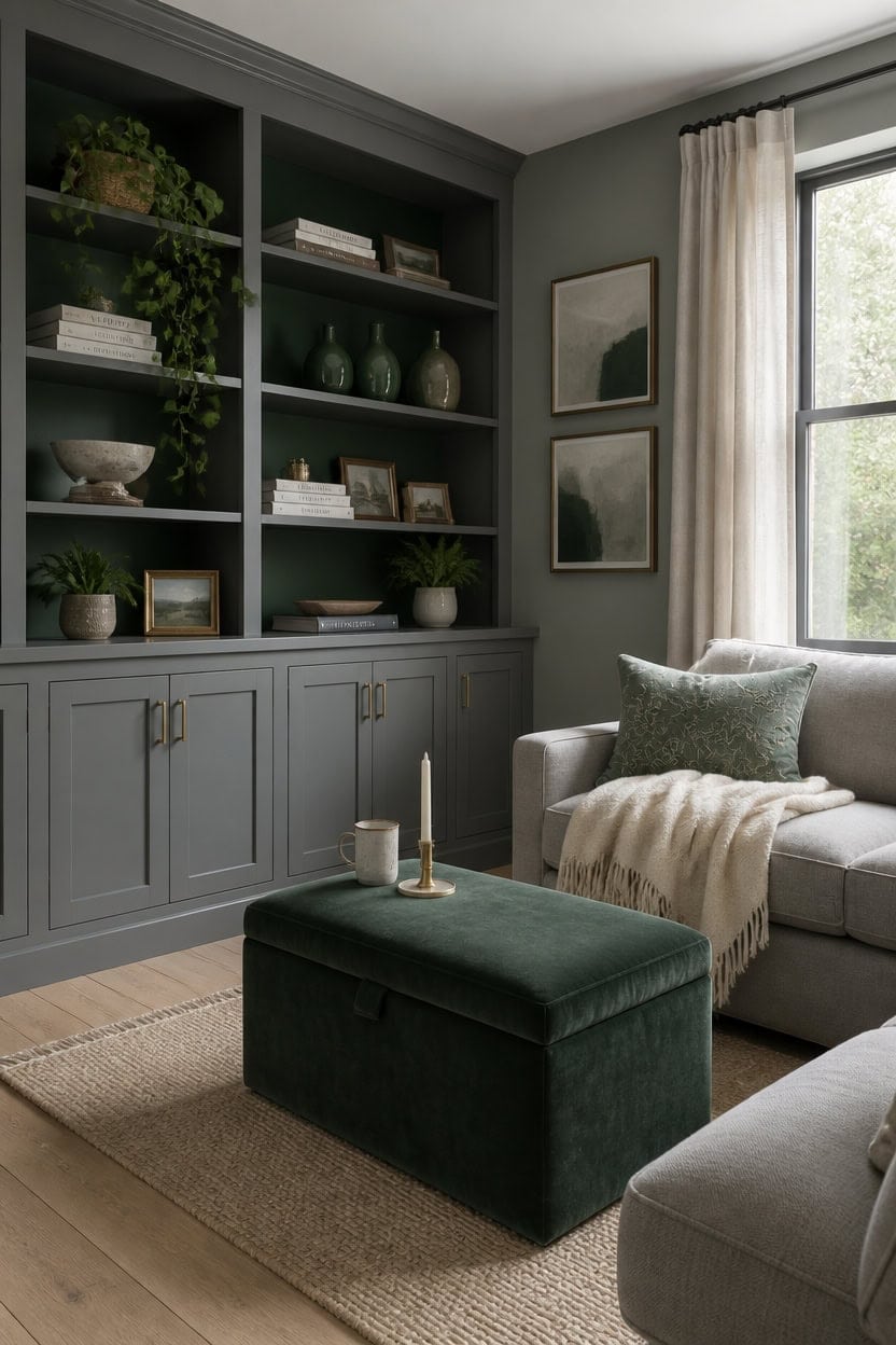 Elegant gray and green living room with stylish decor for women who prefer a relaxed, guest-free space.