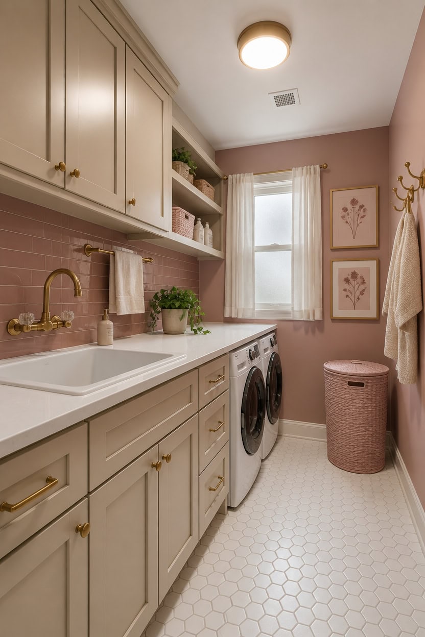 Bright laundry room with pink walls, white cabinetry, and modern appliances.
