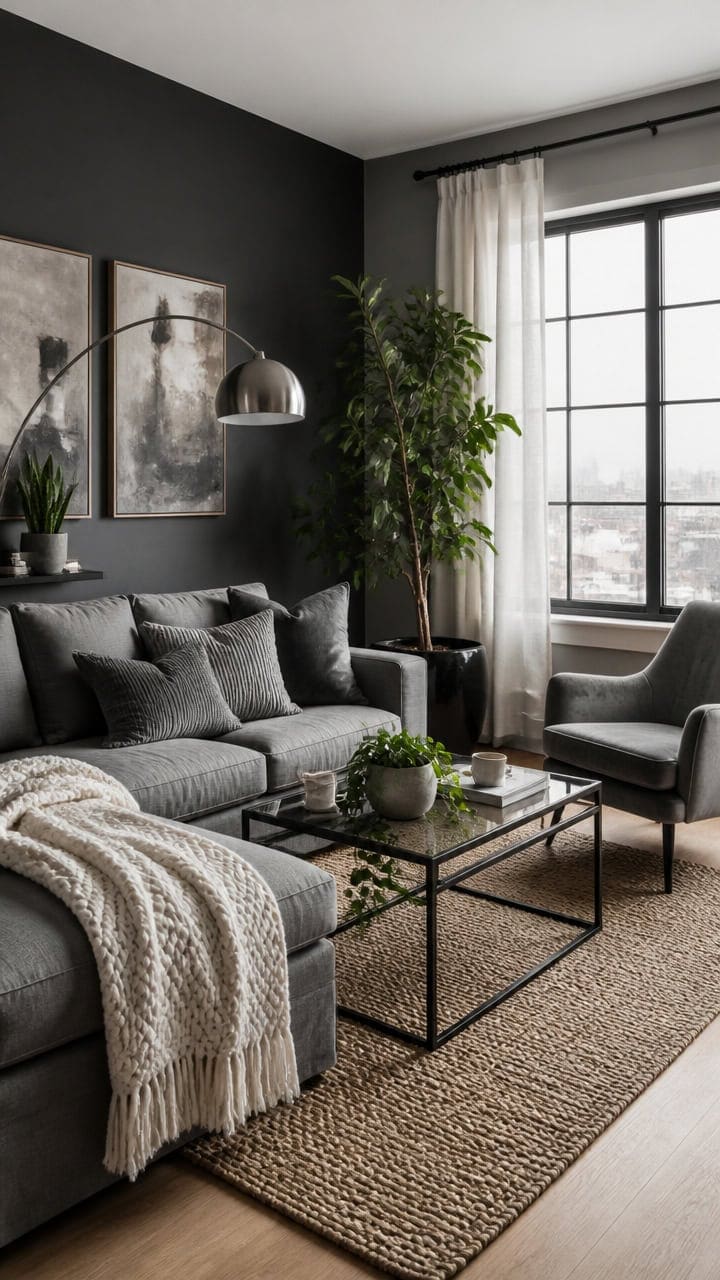 gray living room greenery