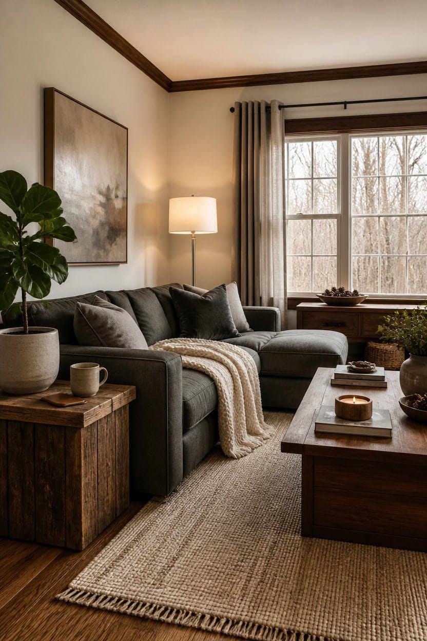 gray living room wood accents