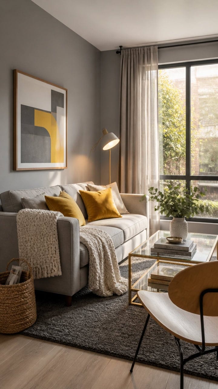gray room with vibrant accents