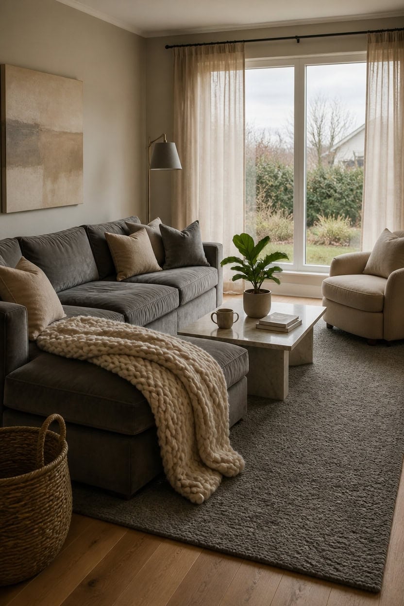 gray sofa beige accents