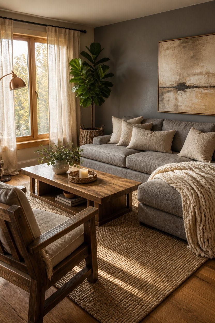 gray sofa natural wood