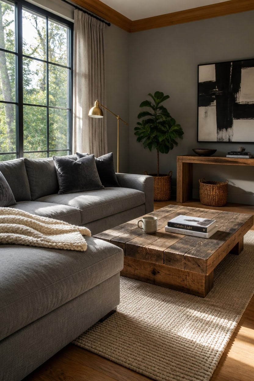 gray sofa reclaimed wood