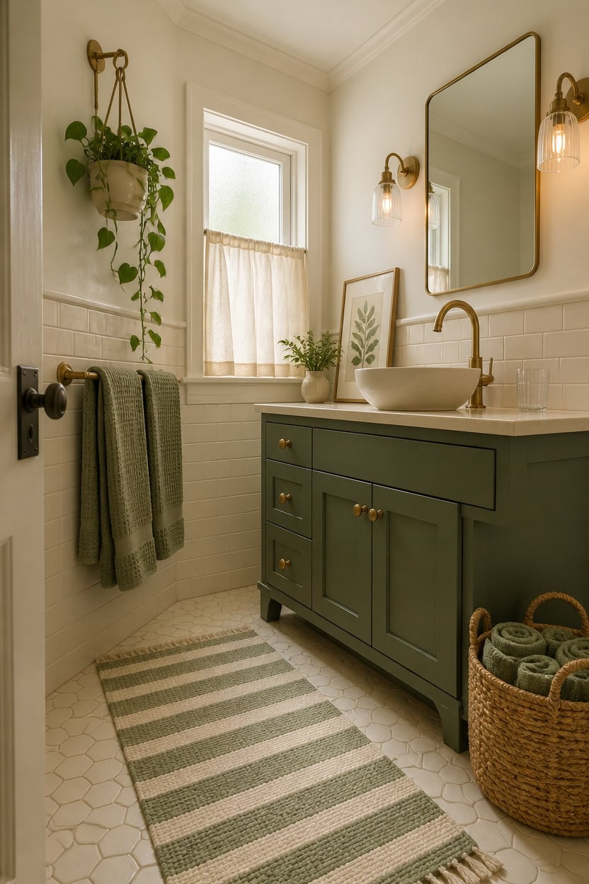 Bright bathroom featuring a green vanity, white subway tiles, and natural light from a window. Styli.