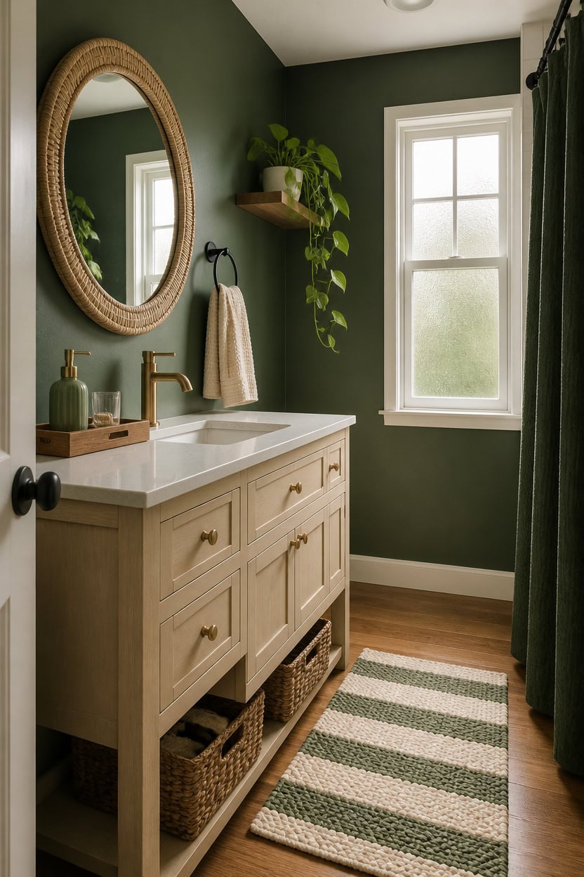 Bright bathroom with green walls, white vanity, and natural light from window.