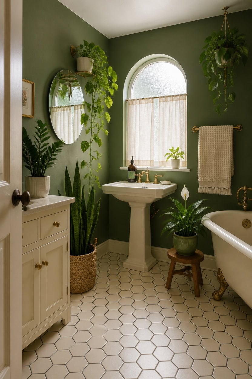 Elegant bathroom with vintage bathtub, green walls, and lush indoor plants.