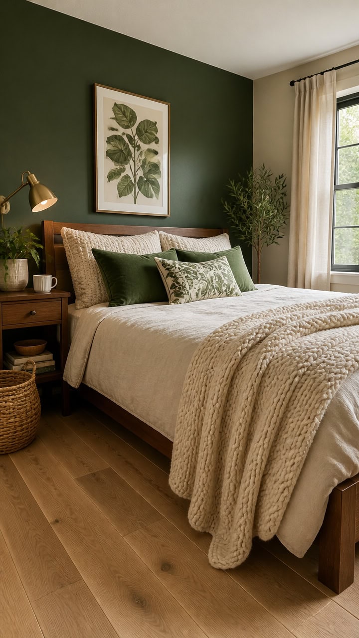 Comfortable bedroom with green accent wall, large window, and cozy bedding.