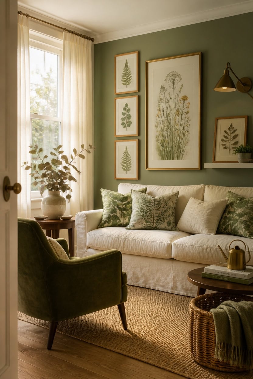 Inviting living room with green decor, natural light, and botanical artwork.