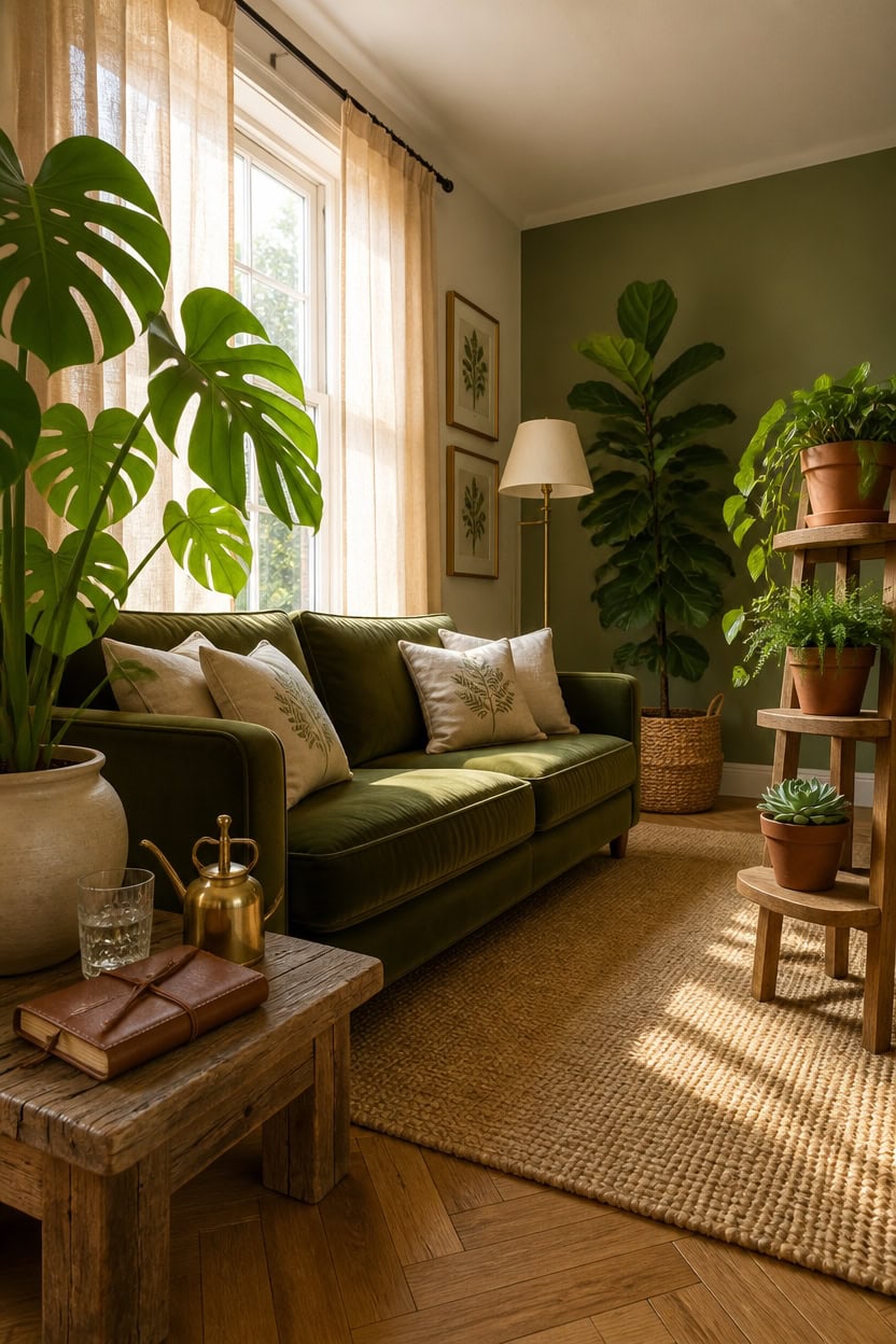 Inviting living room with green walls, large plants, and natural light.