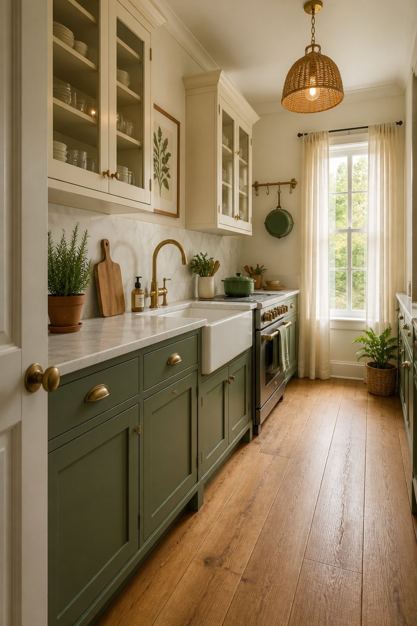Bright kitchen with green cabinetry, farmhouse sink, and wooden accents.