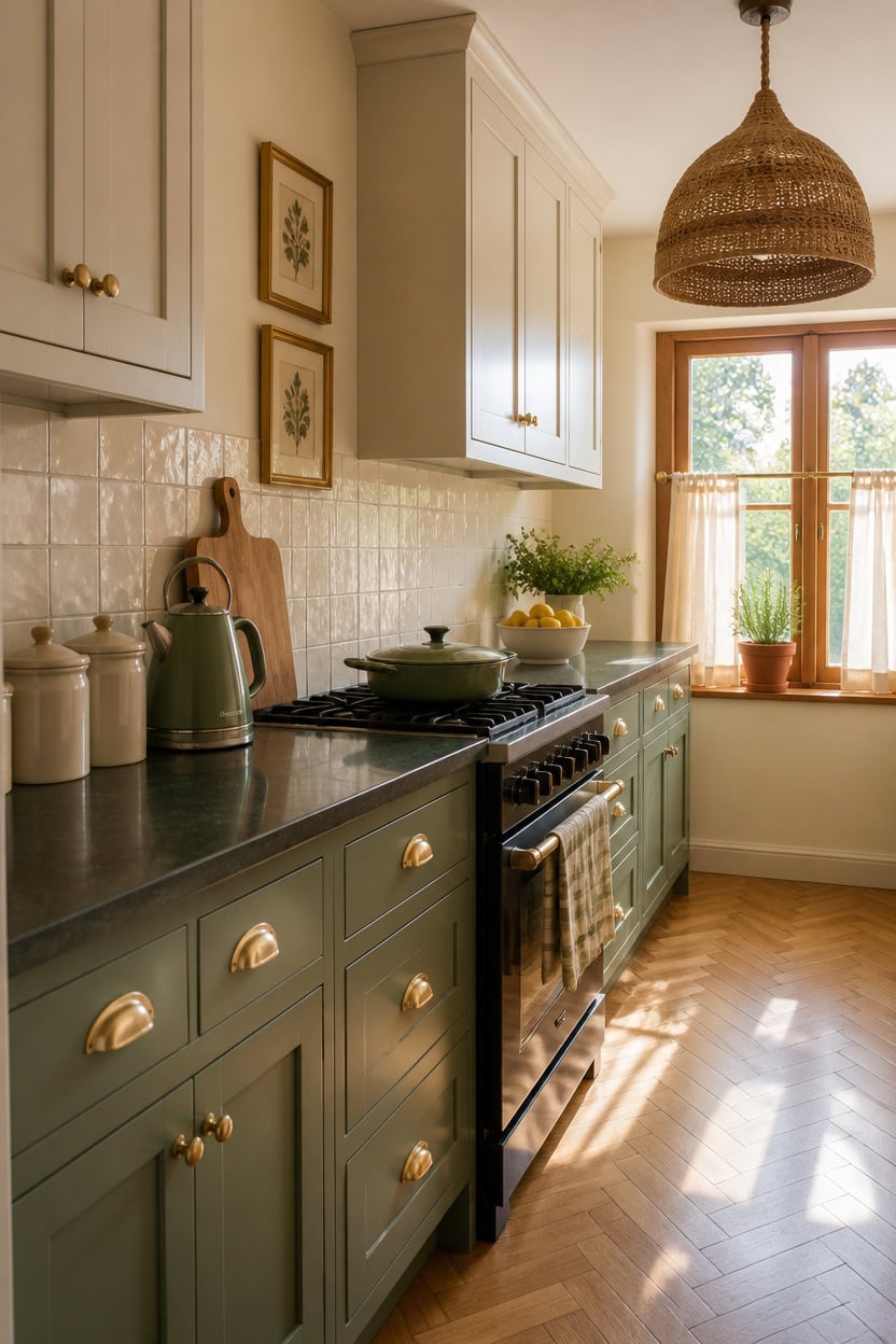 Bright kitchen with green cabinets, wooden accents, and sunlight streaming through the window.