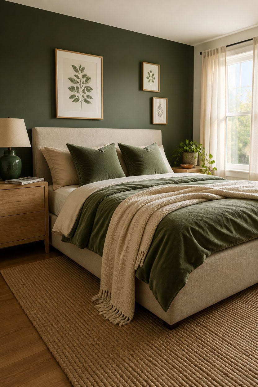 Bright bedroom featuring a green accent wall, framed botanical art, and a large window with sheer cu.