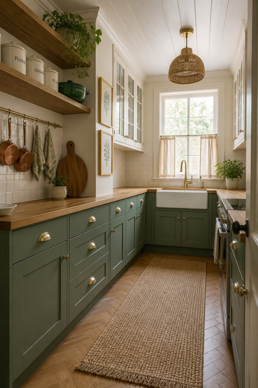 Bright kitchen with green cabinets, wooden shelves, and natural sunlight from large window.