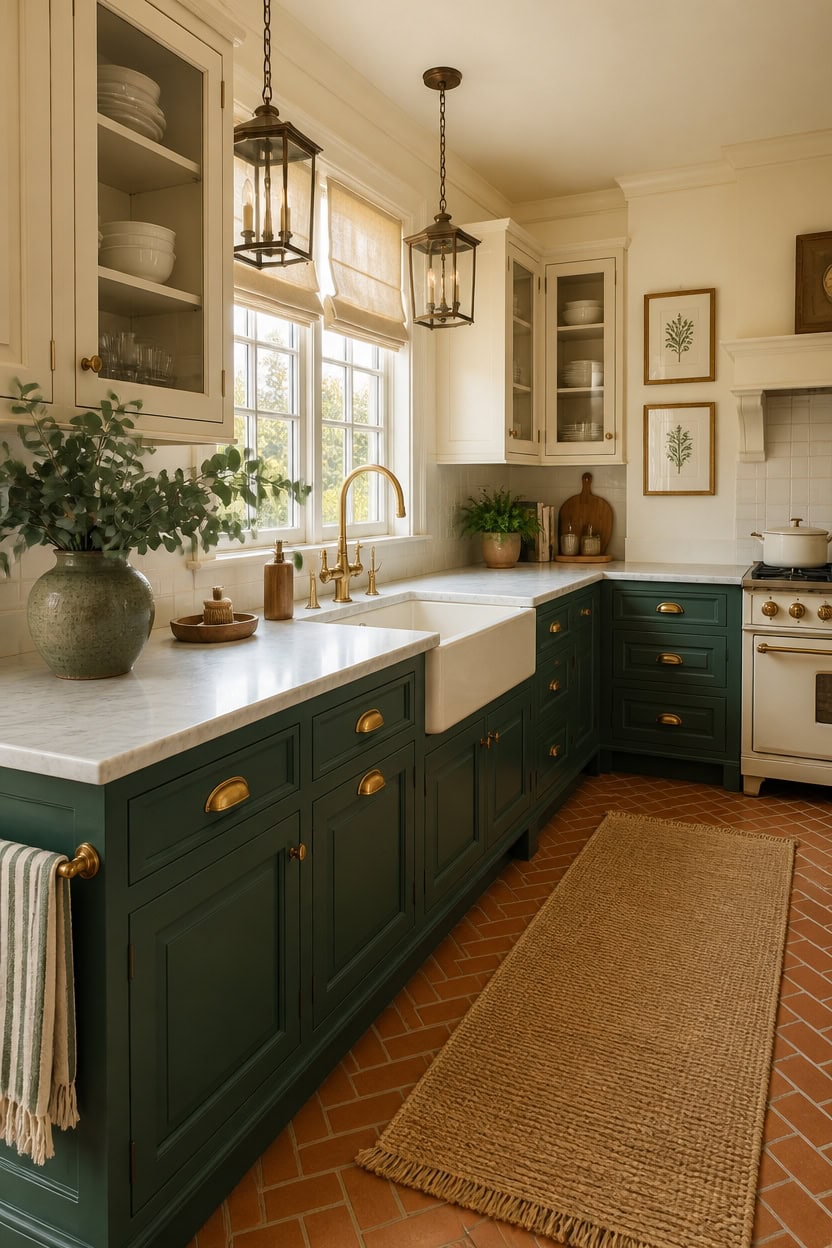 Bright kitchen featuring green cabinetry, white countertops, and large windows with natural light. E.