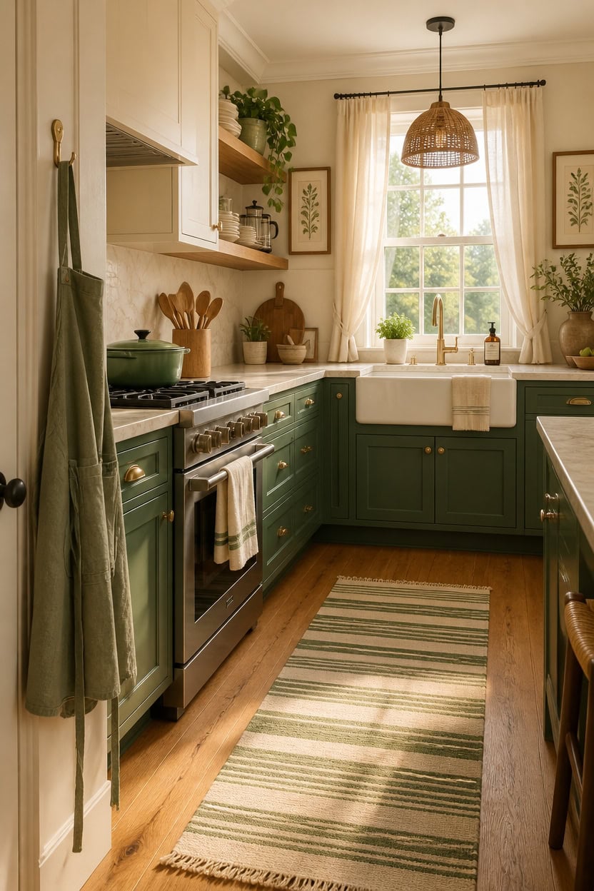 Cozy kitchen with green cabinets, natural light, and rustic decor.