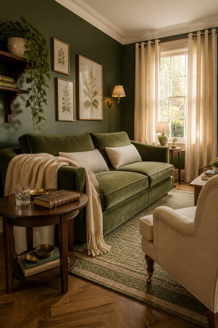 Inviting living room with green sofa, beige armchair, and natural sunlight streaming through curtain.