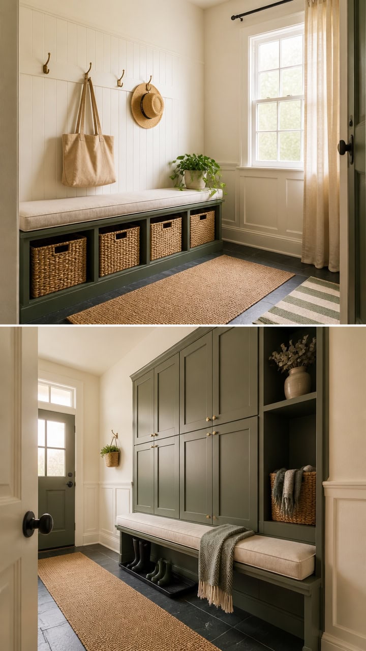 Entryway with storage bench, hooks, and natural light in a modern apartment.