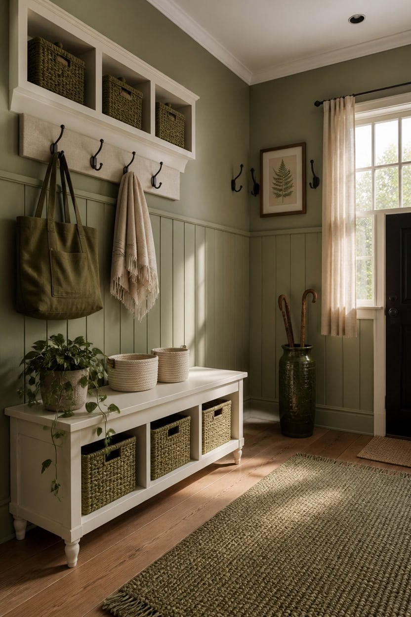 green and cream mudroom styling