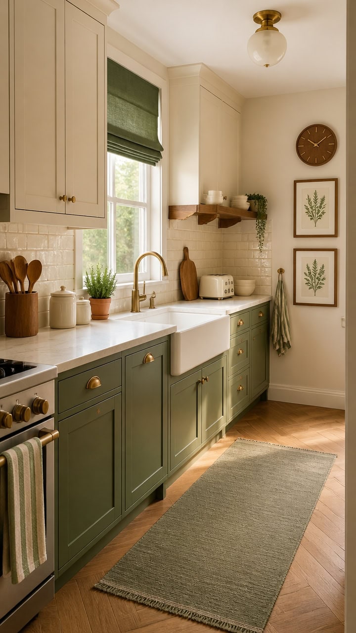 Bright kitchen with green cabinets, farmhouse sink, and wooden accents.