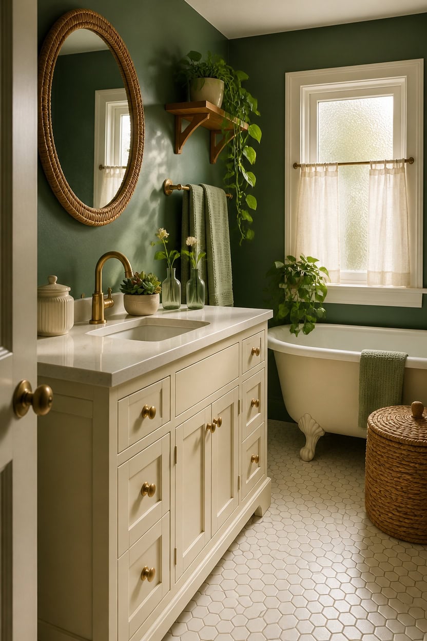 Bright bathroom featuring a vintage clawfoot bathtub, green walls, and natural light from two window.