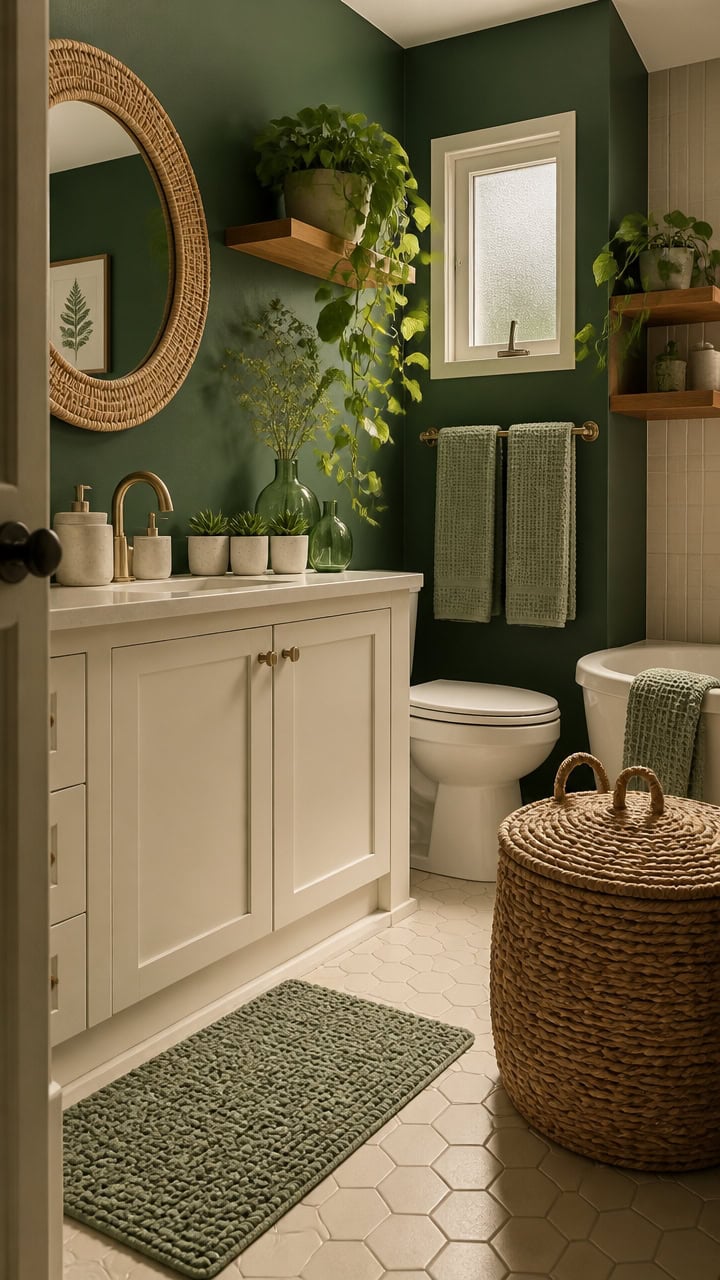 Bathroom with green walls, potted plants, and natural light.
