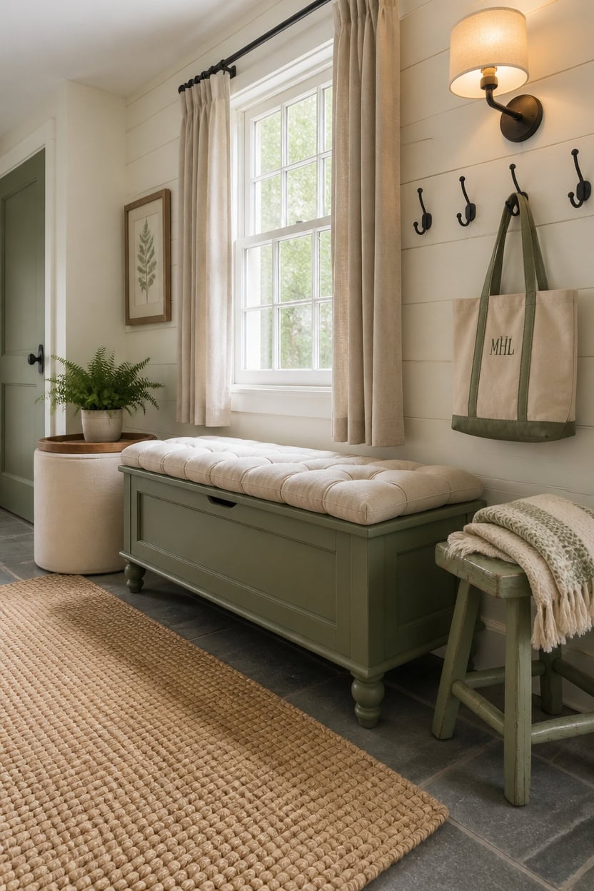 Entryway with a green wooden bench, wall hooks, and a window with curtains.
