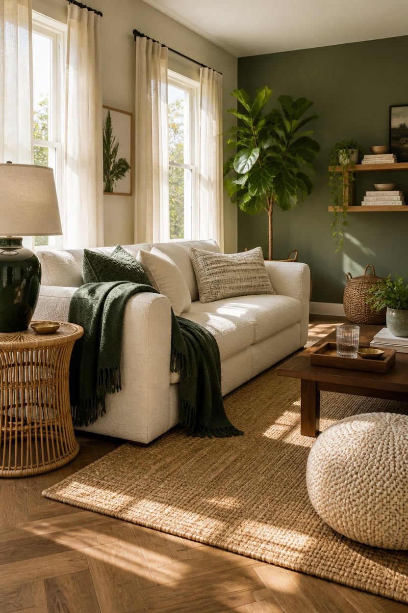 Bright living room with large windows, white sofa, green accent wall, and lush indoor plants. Perfec.
