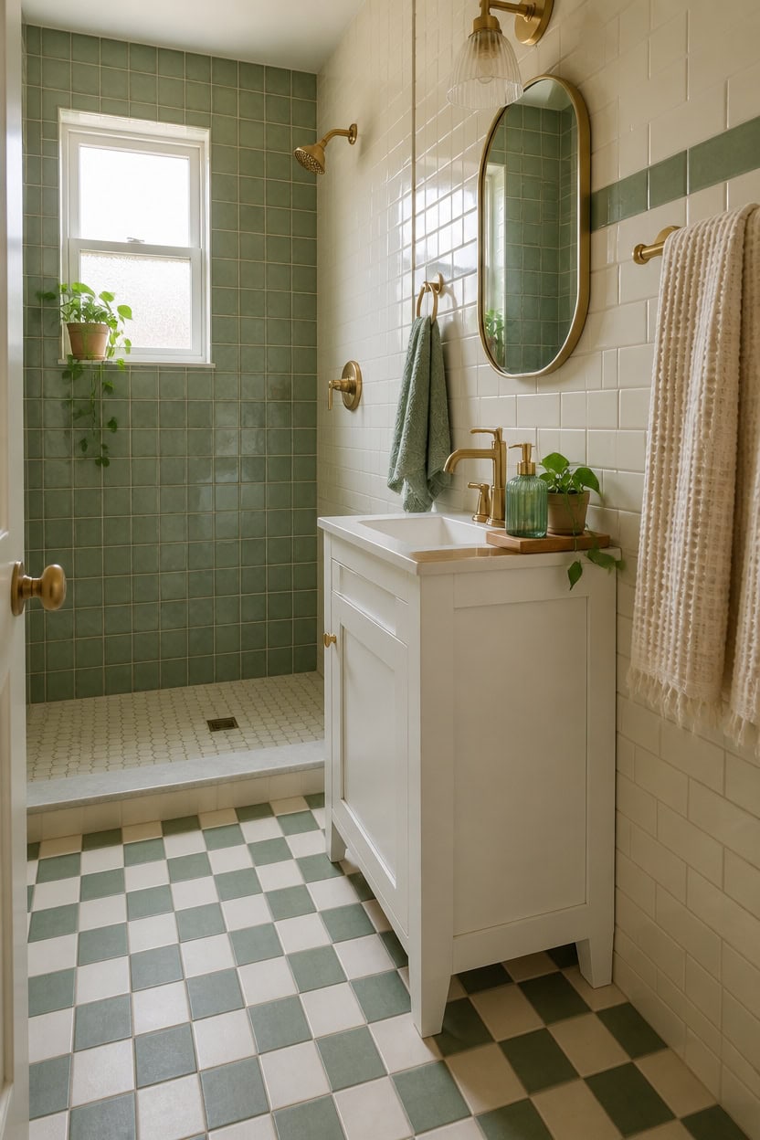 Small bathroom featuring green tiled walls, a white vanity, and a window with natural light.