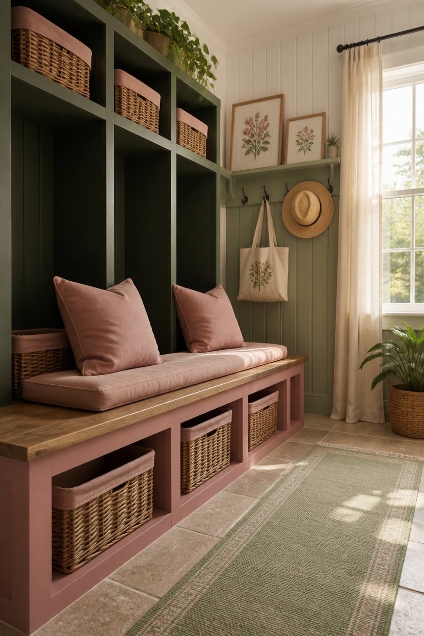 Inviting entryway with storage bench, wall shelves, and natural light.