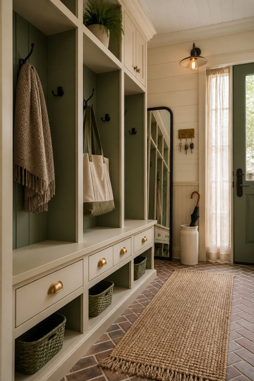 Entryway with built-in storage, hooks, mirror, and natural light.