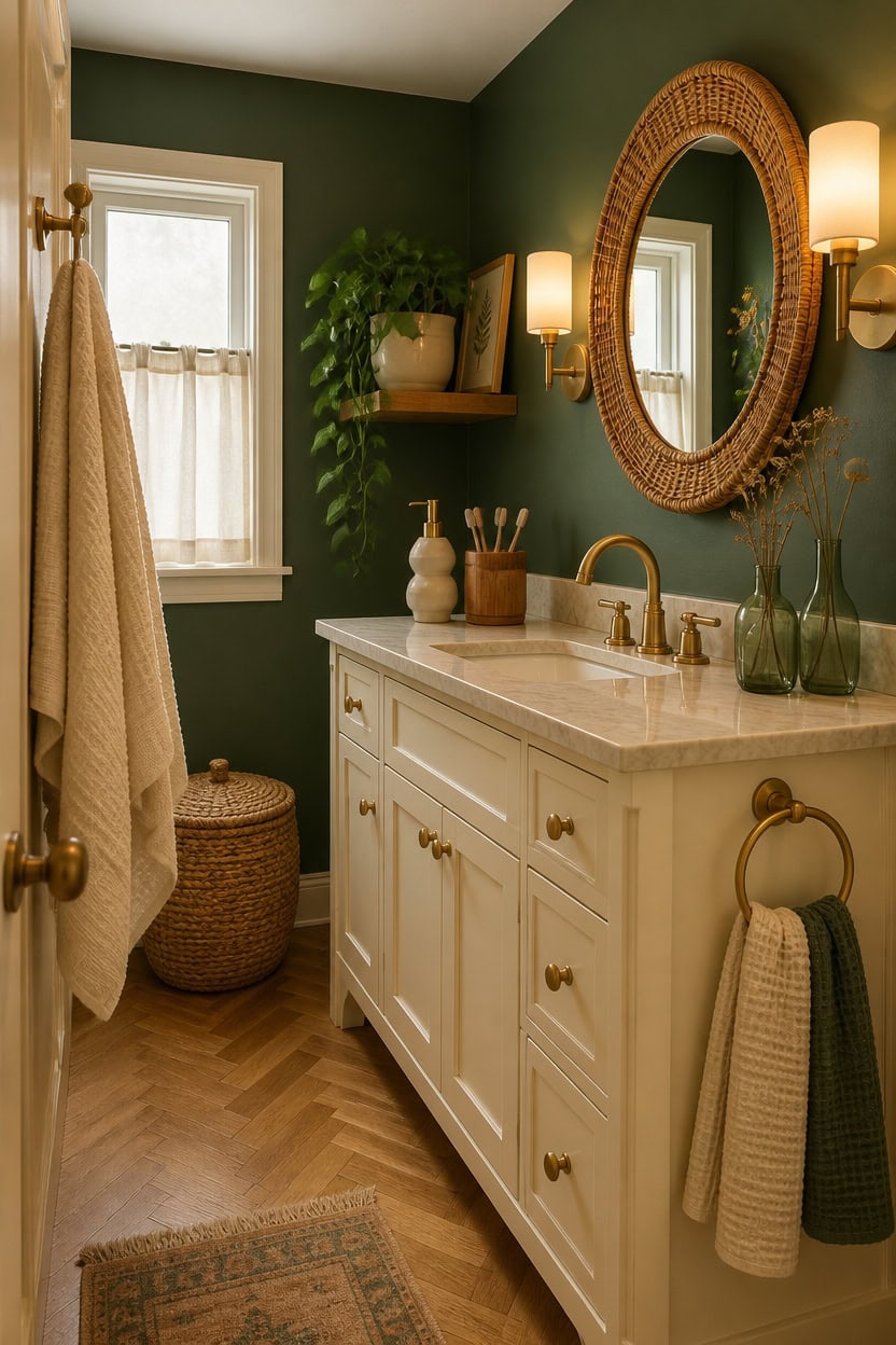Elegant bathroom with green walls, gold fixtures, and natural light.