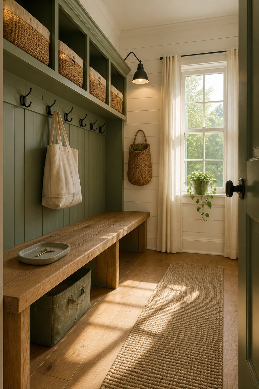 Bright mudroom with hooks, baskets, and a window bringing in natural light.
