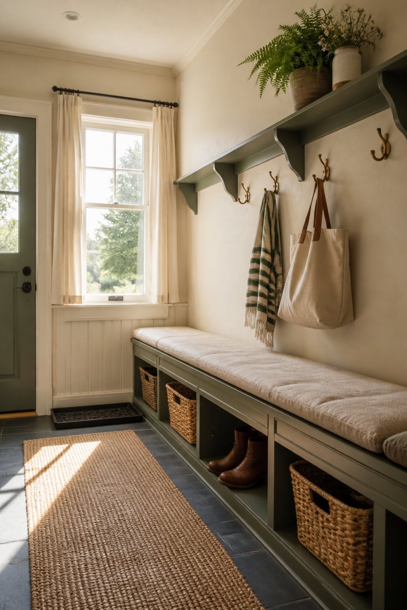 Bright entryway with a cushioned bench, wall hooks, and baskets for storage.