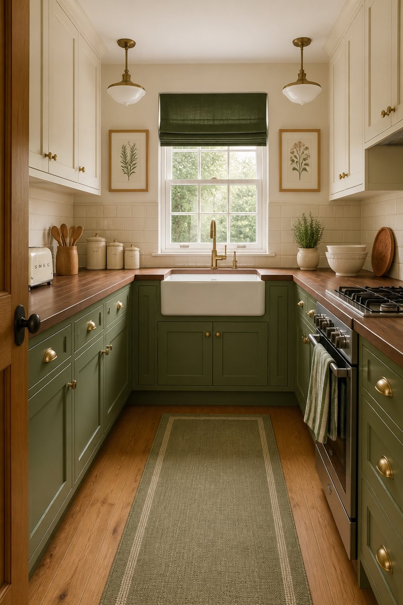 Bright kitchen with green cabinets, farmhouse sink, and natural light from window.