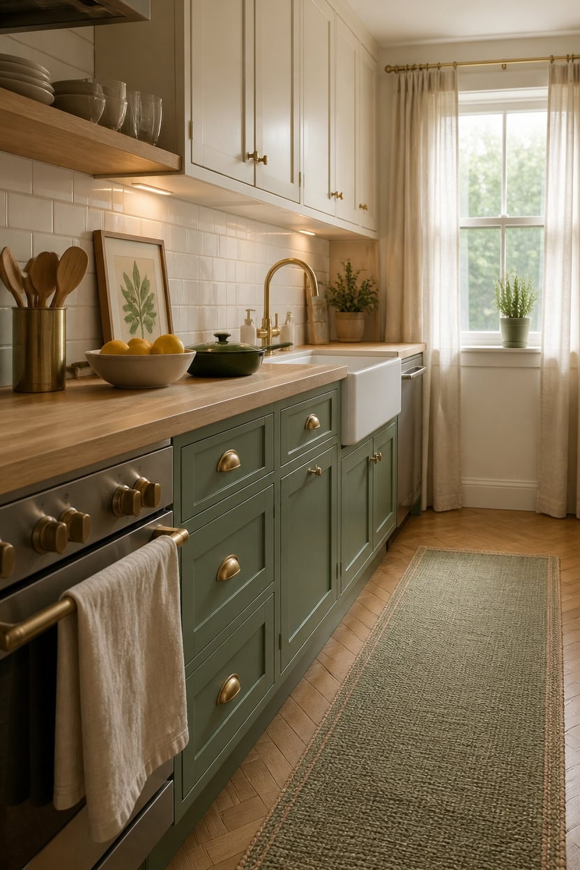 Bright kitchen with green cabinets, white subway tile backsplash, and a large window letting in natu.