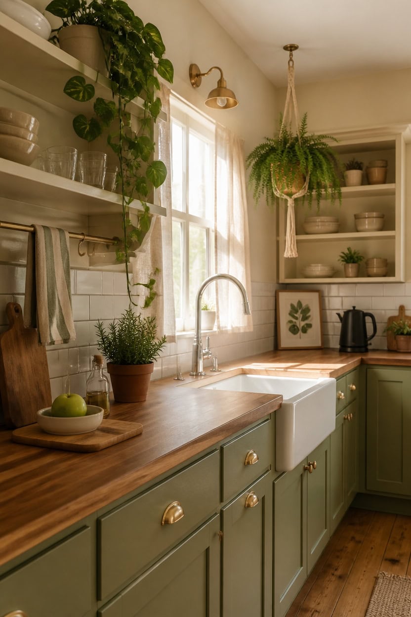Bright kitchen with green cabinets, hanging plants, and open shelves filled with dishes and decor.