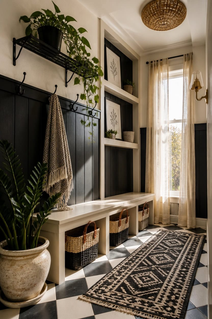 greenery softens black cream contrast