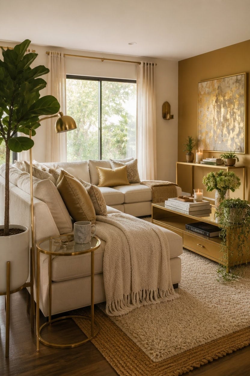 greenery softens metallic accents