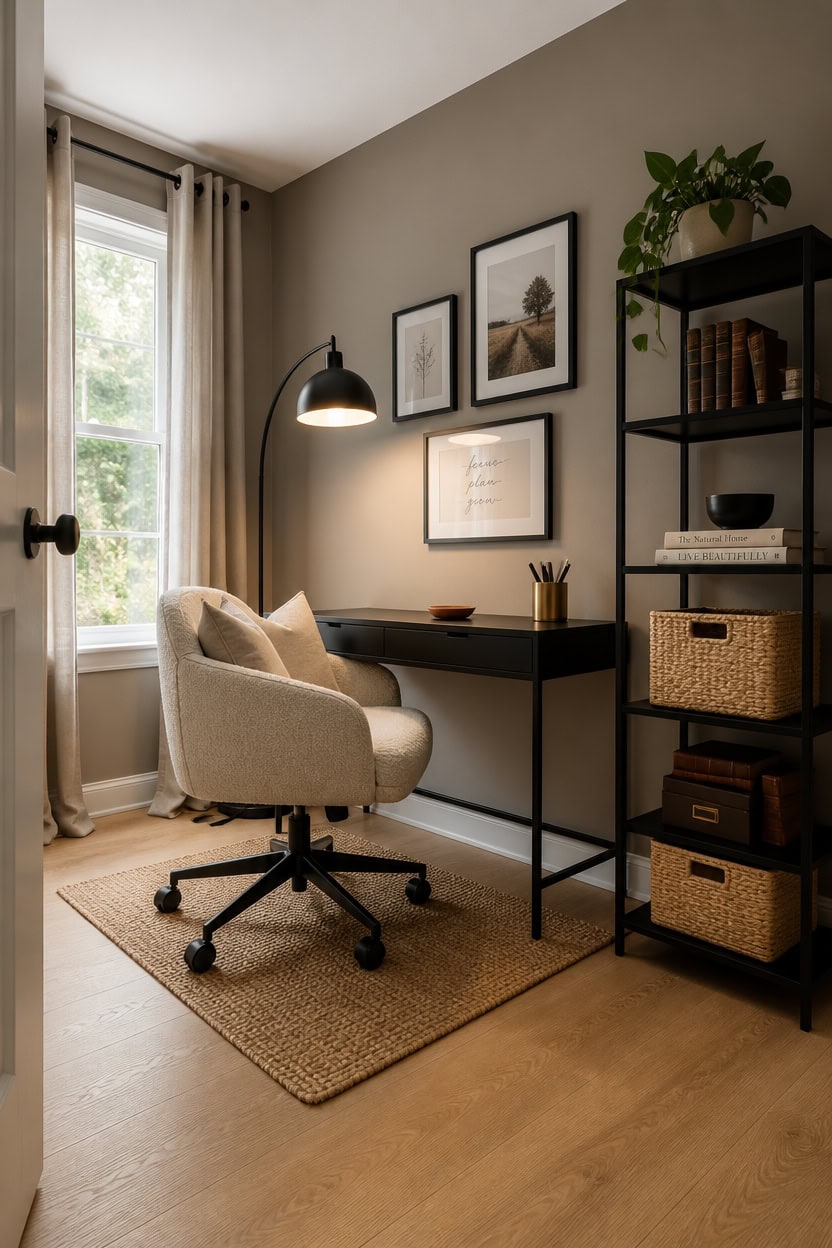 Home office workspace with a comfortable chair, desk, and stylish decor.